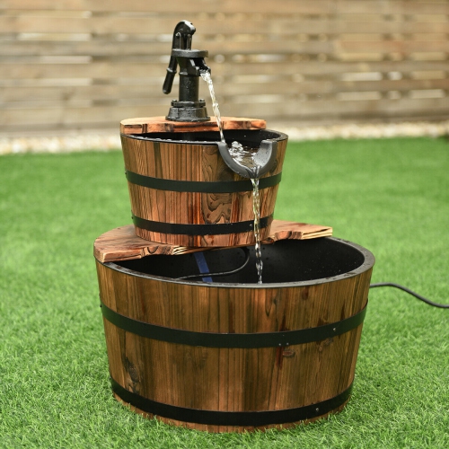 2 Tier Barrel Waterfall Fountain Barrel Wooden Water Fountain Pump Garde