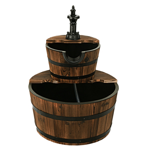 2 Tier Barrel Waterfall Fountain Barrel Wooden Water Fountain Pump Garde
