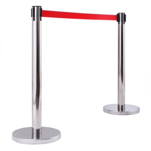 Costway 6Pcs Stanchion Posts Queue Pole Retractable Red Belt Crowd Control Barrier