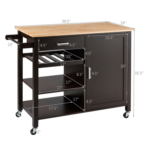 Costway 4-Tier Wood Kitchen Island Trolley Cart Storage Cabinet w/ Wine Rack & Drawer