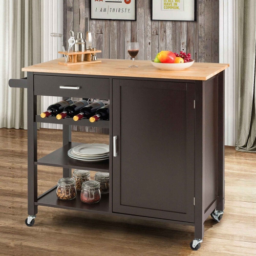Costway 4-Tier Wood Kitchen Island Trolley Cart Storage Cabinet w/ Wine Rack & Drawer