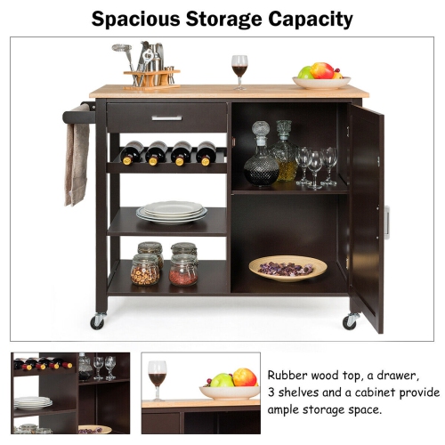 Costway 4-Tier Wood Kitchen Island Trolley Cart Storage Cabinet w/ Wine Rack & Drawer