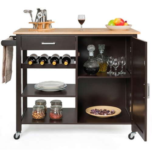 Costway 4-Tier Wood Kitchen Island Trolley Cart Storage Cabinet w/ Wine Rack & Drawer