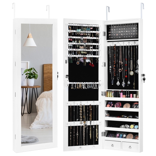 COSTWAY  Wall Door Mounted Mirror Jewelry Cabinet Lockable Armoire Organizer W/ Led Light