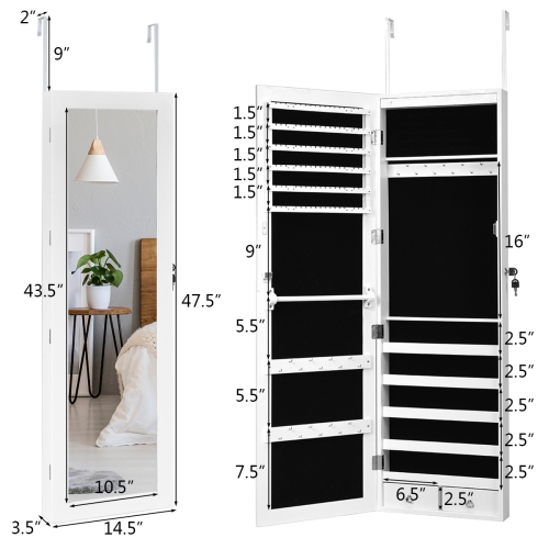Costway Wall Door Mounted Mirror Jewelry Cabinet Lockable Armoire Organizer w/ LED Light
