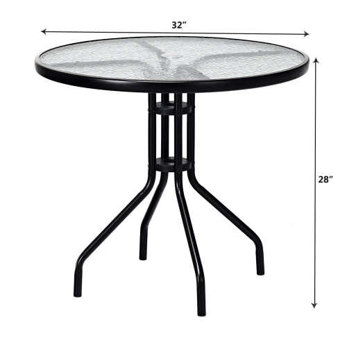 Table ronde de patio de 32 po avec surface en verre trempé et cadre en acier avec trou de parasol de Costway