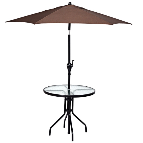 Table ronde de patio de 32 po avec surface en verre trempé et cadre en acier avec trou de parasol de Costway