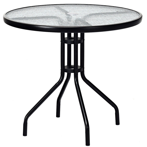 Table ronde de patio de 32 po avec surface en verre trempé et cadre en acier avec trou de parasol de Costway