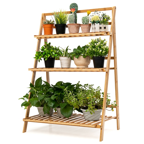 COSTWAY  3 Tier Bamboo Flower Pot Shelf Stand Folding Display Rack Garden Yard