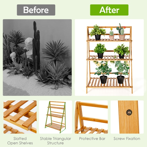Costway 3 Tier Bamboo Flower Pot Shelf Stand Folding Display Rack Garden Yard