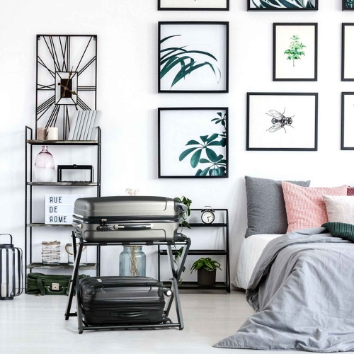 Support de Valise Porte Bagages Pliable 68x43x58 CM avec 2 Etages et 4 Sangles Rangement pour Bagages Pliant, en Métal Noir pour Chambre, Domicile,