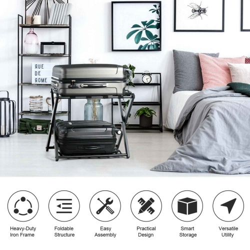 Support de Valise Porte Bagages Pliable 68x43x58 CM avec 2 Etages et 4 Sangles Rangement pour Bagages Pliant, en Métal Noir pour Chambre, Domicile,