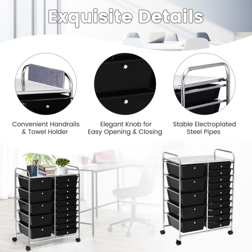 Chariot de Rangement avec 15 tiroirs en PP, Cadre en Fer Robuste, Tour/Caisson/ Rayonnage de Rangement à Roulettes pour Bureau, Salle de Bains et