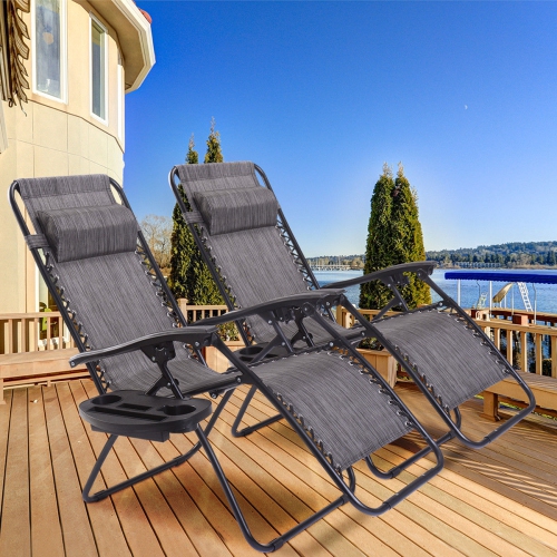 Costway 2PC Folding Zero Gravity Reclining Lounge Chairs Beach Patio W/ Utility Tray