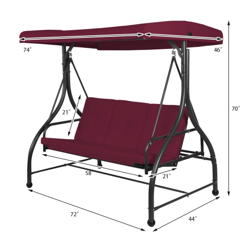 Costway Converting Outdoor Swing Canopy Hammock 3 Seats Patio Deck Wine Red