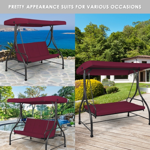Costway Converting Outdoor Swing Canopy Hammock 3 Seats Patio Deck Wine Red
