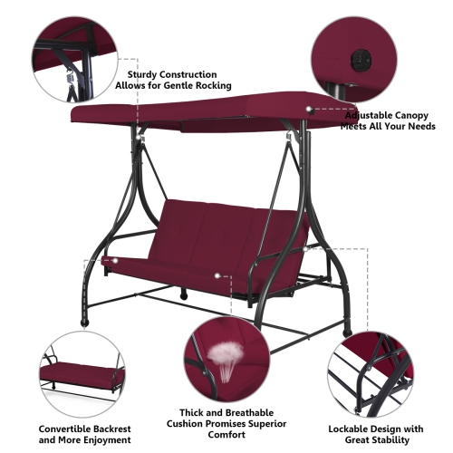 Costway Converting Outdoor Swing Canopy Hammock 3 Seats Patio Deck Wine Red