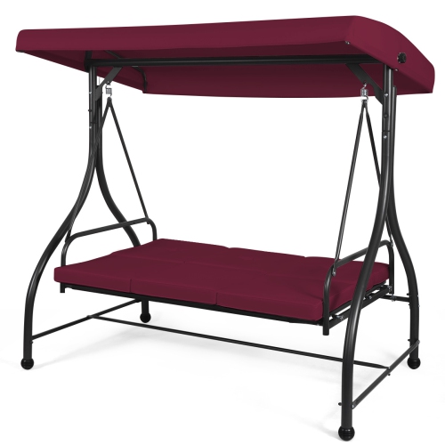 Costway Converting Outdoor Swing Canopy Hammock 3 Seats Patio Deck Wine Red