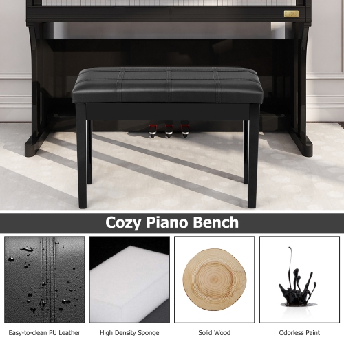Costway Solid Wood PU Leather Piano Bench Padded Double Duet Keyboard Seat Storage Black