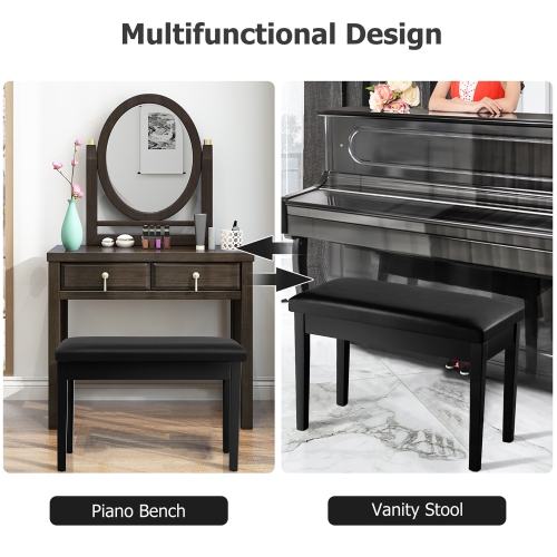 Costway Solid Wood PU Leather Piano Bench Padded Double Duet Keyboard Seat Storage Black