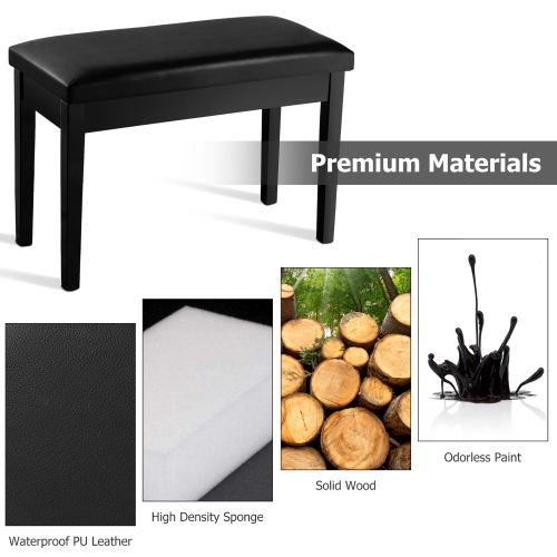 Costway Solid Wood PU Leather Piano Bench Padded Double Duet Keyboard Seat Storage Black