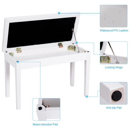 Costway Solid Wood PU Leather Piano Bench Padded Double Duet Keyboard Seat Storage White