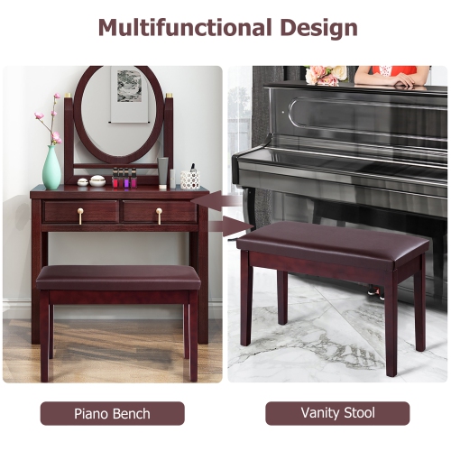 Costway Solid Wood PU Leather Piano Bench Padded Double Duet Keyboard Seat Storage Brown