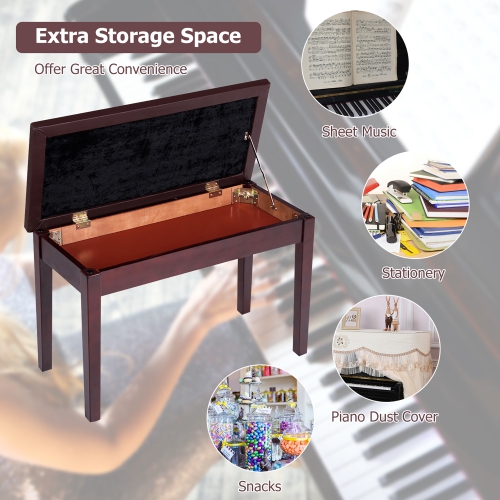 Costway Solid Wood PU Leather Piano Bench Padded Double Duet Keyboard Seat Storage Brown
