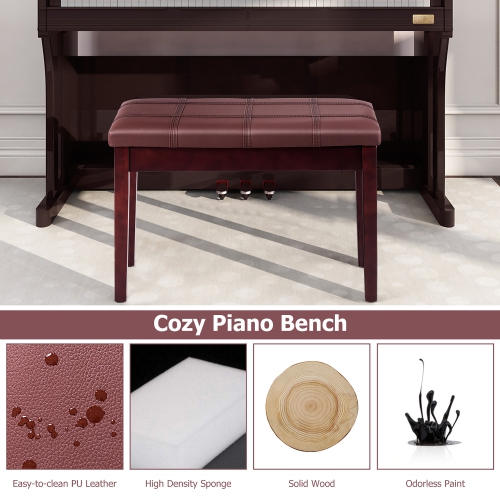 Costway Solid Wood PU Leather Piano Bench Padded Double Duet Keyboard Seat Storage Brown