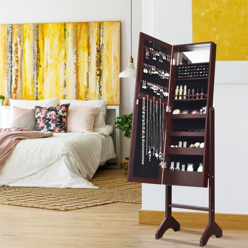 Armoire à bijoux avec miroir et rangement autoportant de Costway avec 18 LED clair brun