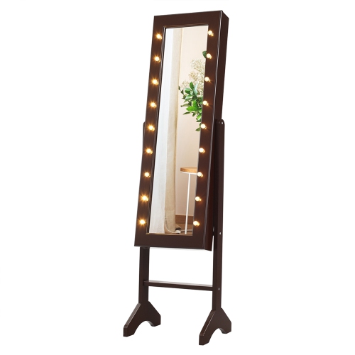 Armoire à bijoux avec miroir et rangement autoportant de Costway avec 18 LED clair brun