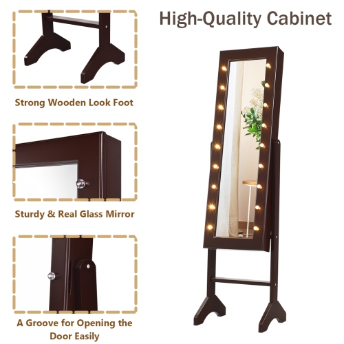 Armoire à bijoux avec miroir et rangement autoportant de Costway avec 18 LED clair brun