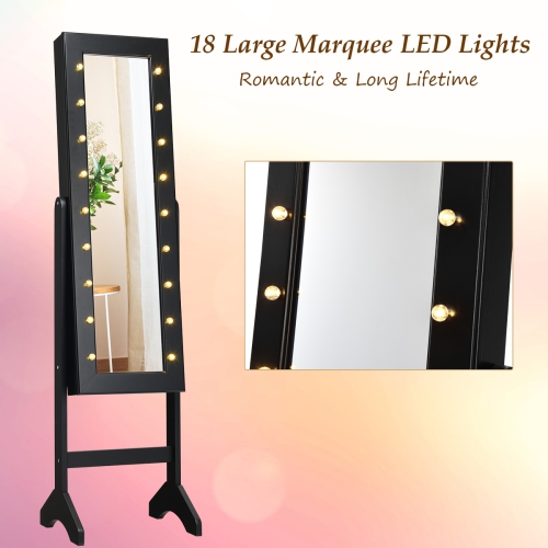 Costway Mirrored Jewelry Cabinet Armoire Organizer Free Standing w/ 18 LED lights Black