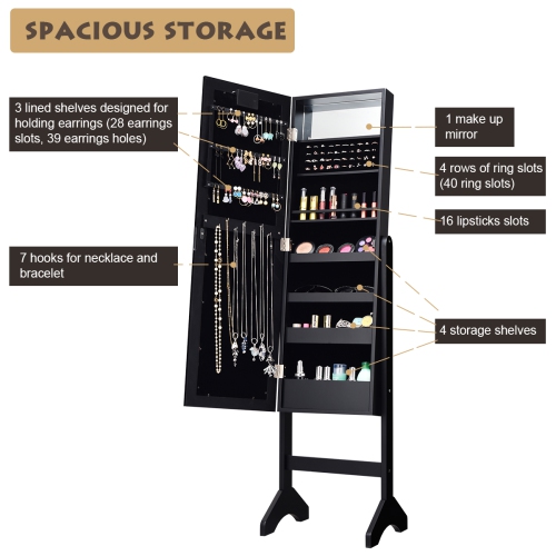 Costway Mirrored Jewelry Cabinet Armoire Organizer Free Standing w/ 18 LED lights Black