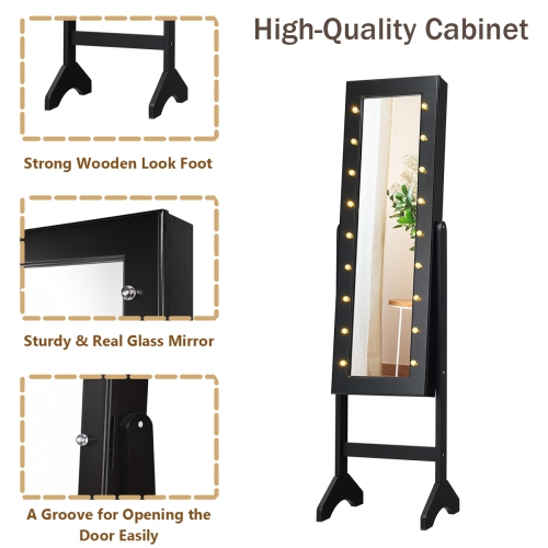 Costway Mirrored Jewelry Cabinet Armoire Organizer Free Standing w/ 18 LED lights Black