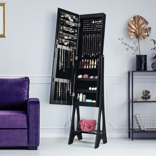 Costway LED Jewelry Cabinet Armoire Organizer Mirrored Standing w/ Bevel Edge Mirror