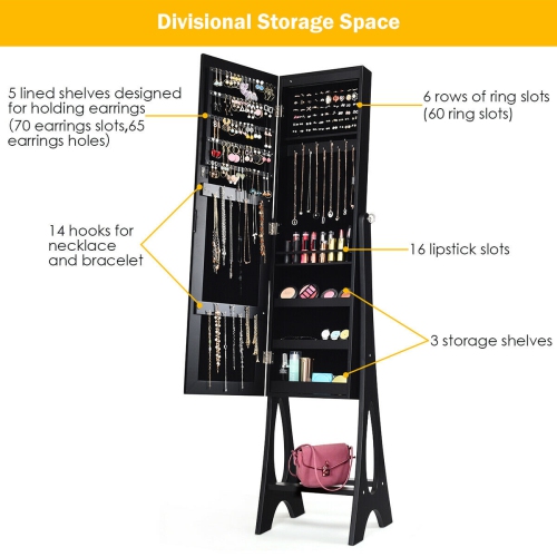 Costway LED Jewelry Cabinet Armoire Organizer Mirrored Standing w/ Bevel Edge Mirror