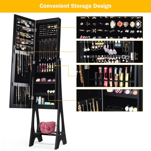 Costway LED Jewelry Cabinet Armoire Organizer Mirrored Standing w/ Bevel Edge Mirror