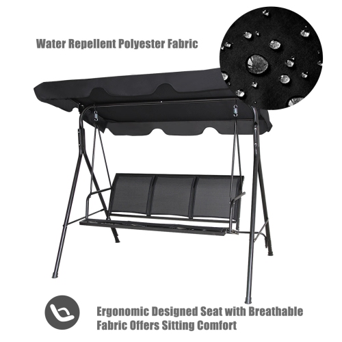 Balancelle de Jardin 3 Places, Balançoire d'Extérieur avec Grand Auvent, Inclinaison Coussins Assise et Dossier Mince, Tissu de Teslin et Polyester,
