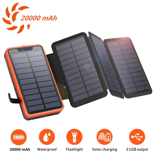 Chargeur portable solaire pliable de Navor 20000&nbsp;mAh – Bloc-piles externe portatif étanche avec 4 panneaux solaires, deux sorties USB 2,1&nbsp;A