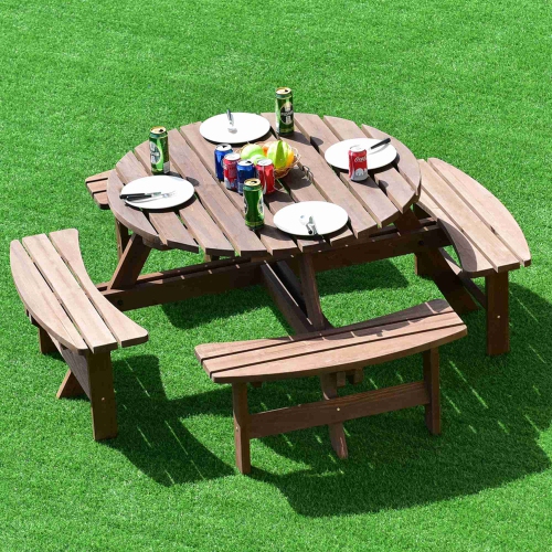 Costway Patio 8 Seat Wood Picnic Table Beer Dining Seat Bench Set Pub Garden Yard