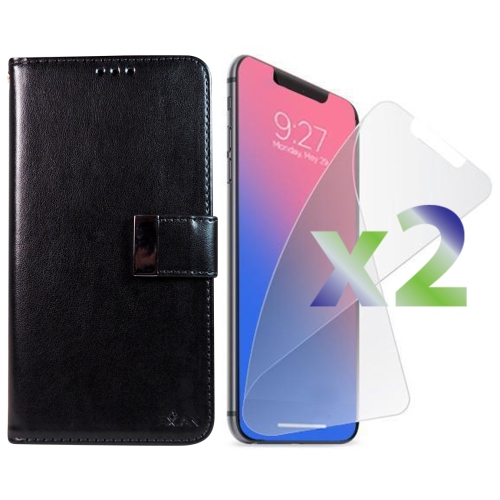 2 protecteurs d’écran pour iPhone XR d’Exian et portefeuille en cuir de polyuréthane avec fentes pour cartes - Noir