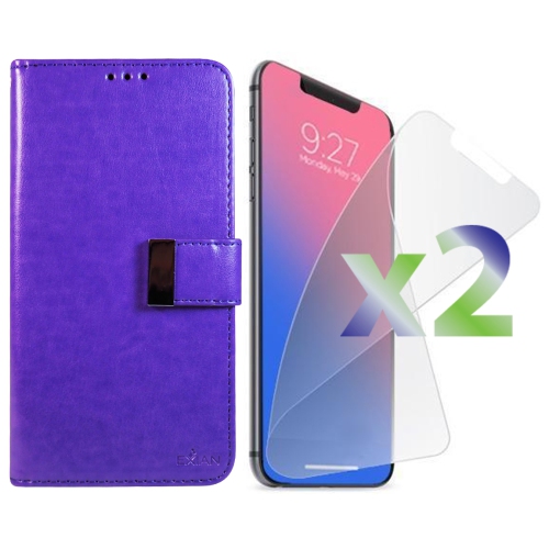 Exian iPhone XR Screen Protectors X 2 and PU Leather Wallet with Card Slots Purple