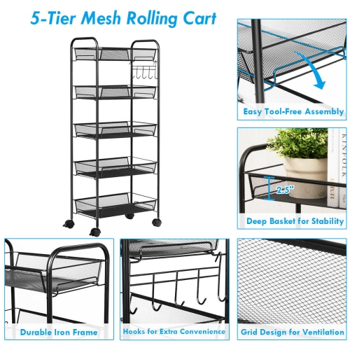 Costway 5 Tier Storage Rack Trolley Cart Home Kitchen Organizer Utility Baskets