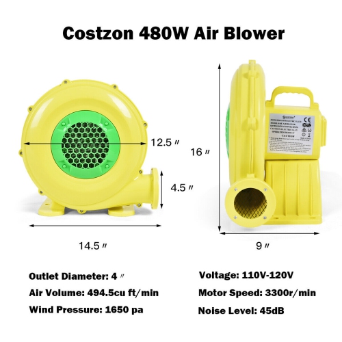 Costway Air Blower Pump Fan 480 Watt 0.6HP For Inflatable Bounce House Bouncy Castle