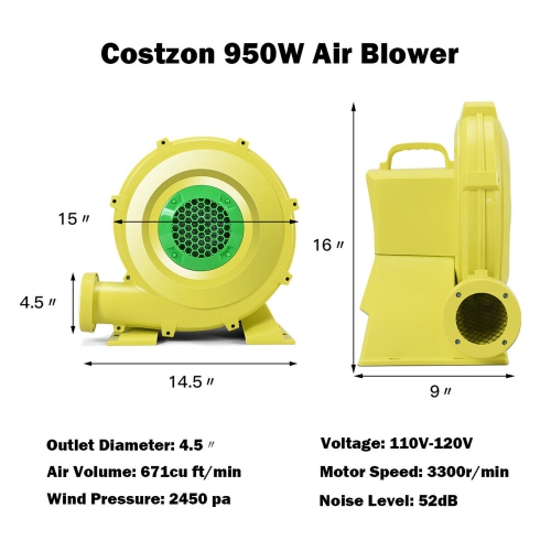 Costway Air Blower Pump Fan 950 Watt 1.25HP For Inflatable Bounce House Castle