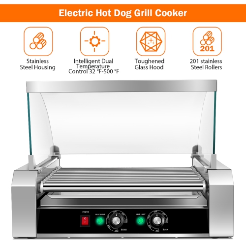 Costway Commercial 30 Hot Dog 11 Roller Grill Cooker Machine W/ cover