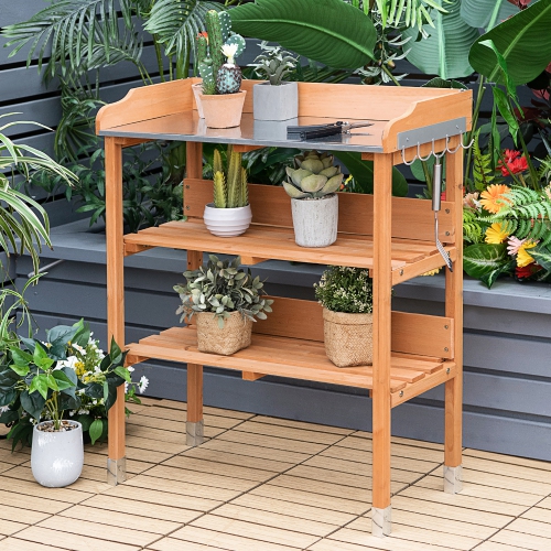 Costway Garden Wooden Potting Bench Work Station Table Tool Storage Shelf W/ Hook