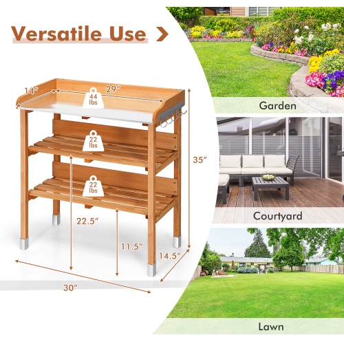 Costway Garden Wooden Potting Bench Work Station Table Tool Storage Shelf W/ Hook