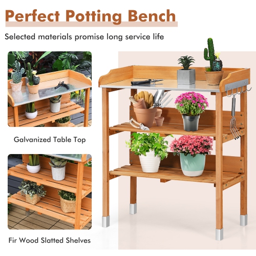 Costway Garden Wooden Potting Bench Work Station Table Tool Storage Shelf W/ Hook